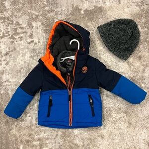 Colorblock Puffer Jacket with Beanie